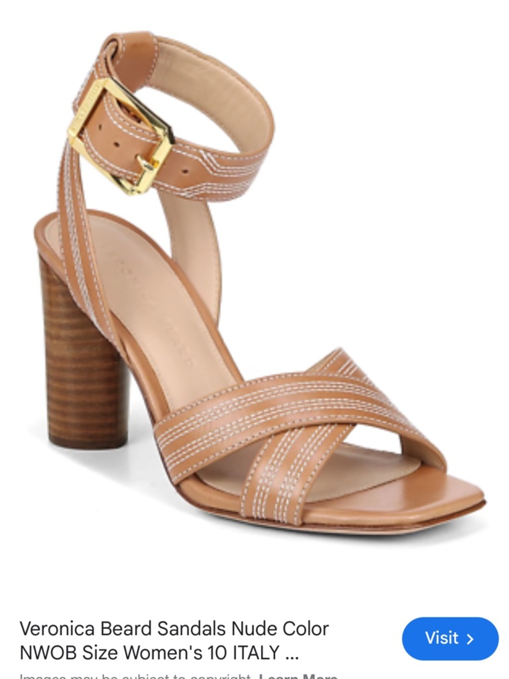 Veronica Beard Tan Leather Block-Heel Sandals with Gold Buckle - Picture 5 of 11